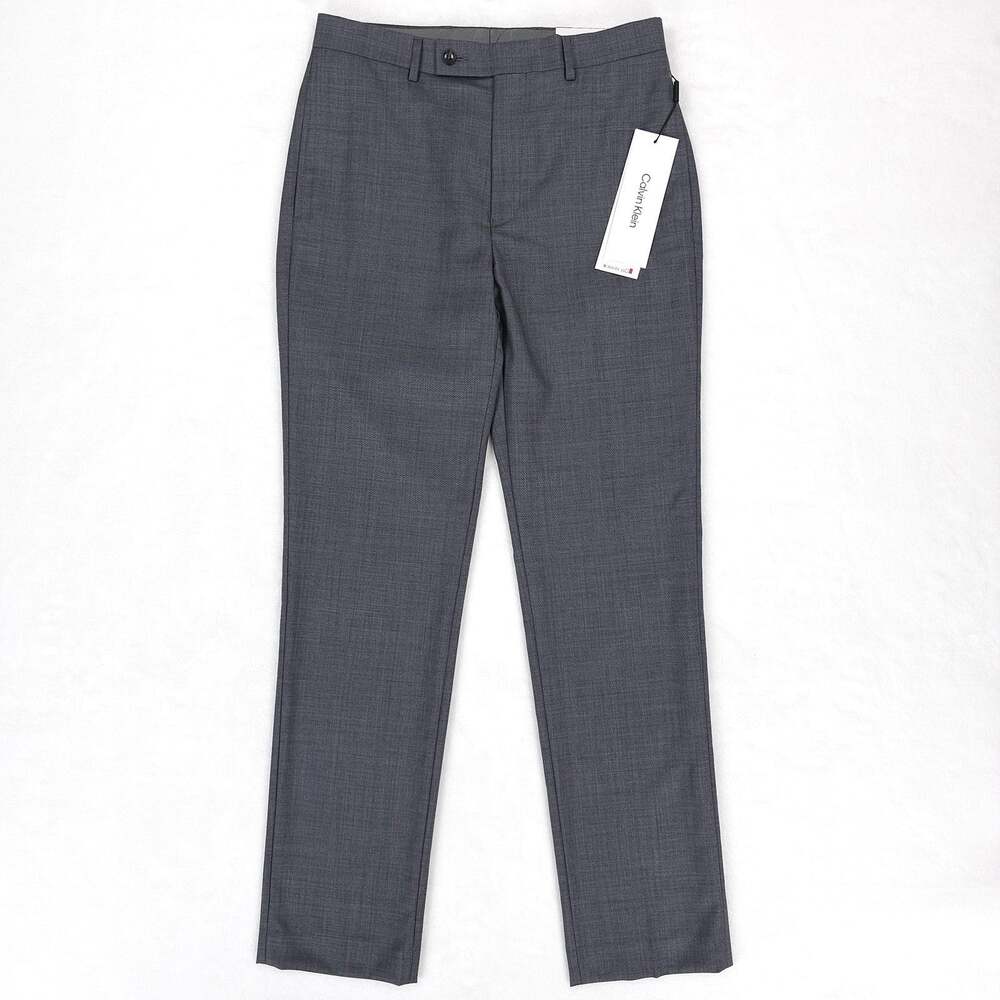 Calvin Klein Mens Slim Fit Suit Pants 32x34 Grey Solid Stretch Wool Sharkskin